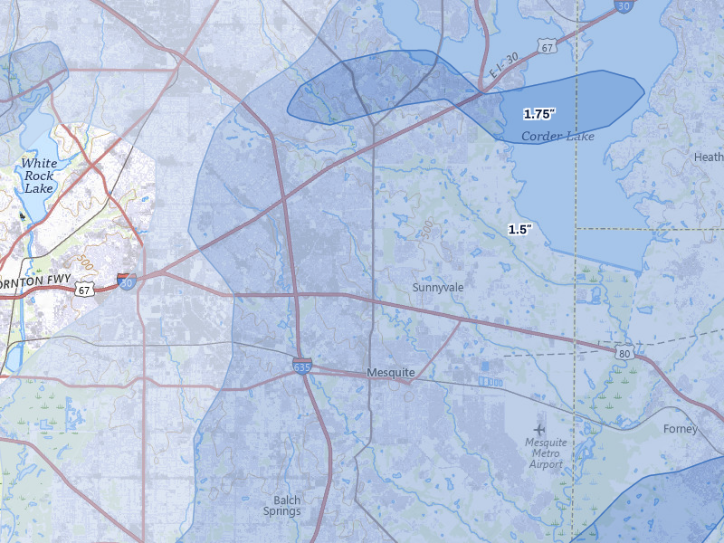 NEXRAD radar-signature map of the hail storm over Mesquite, TX on Mar 4, 2026