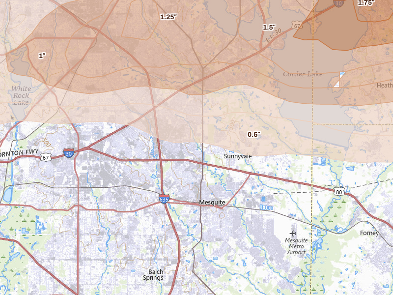Radar-estimated hail-size map of the storm over Mesquite, TX on Apr 27, 2026