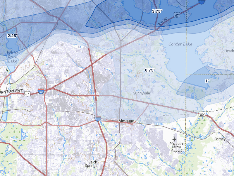 NEXRAD radar-signature map of the hail over Mesquite, TX