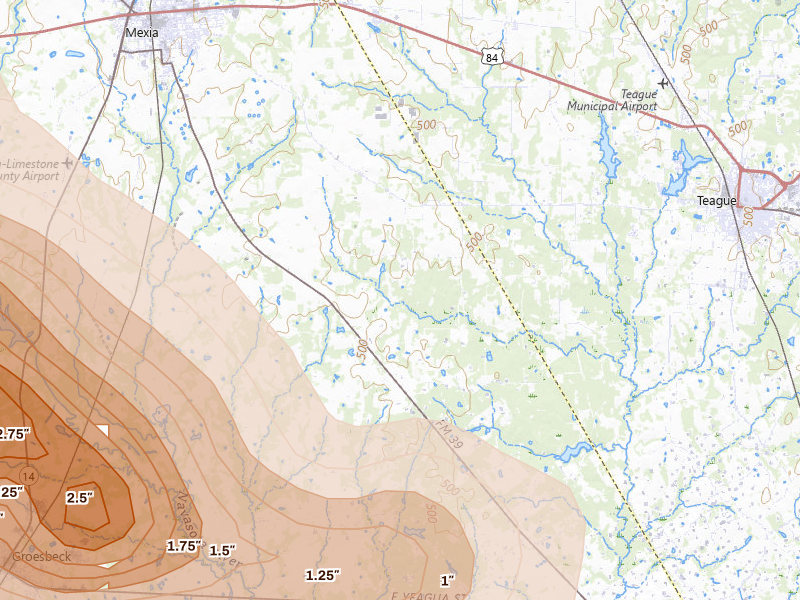 Radar-estimated hail-size map of the storm over Mexia, TX on Apr 28, 2026