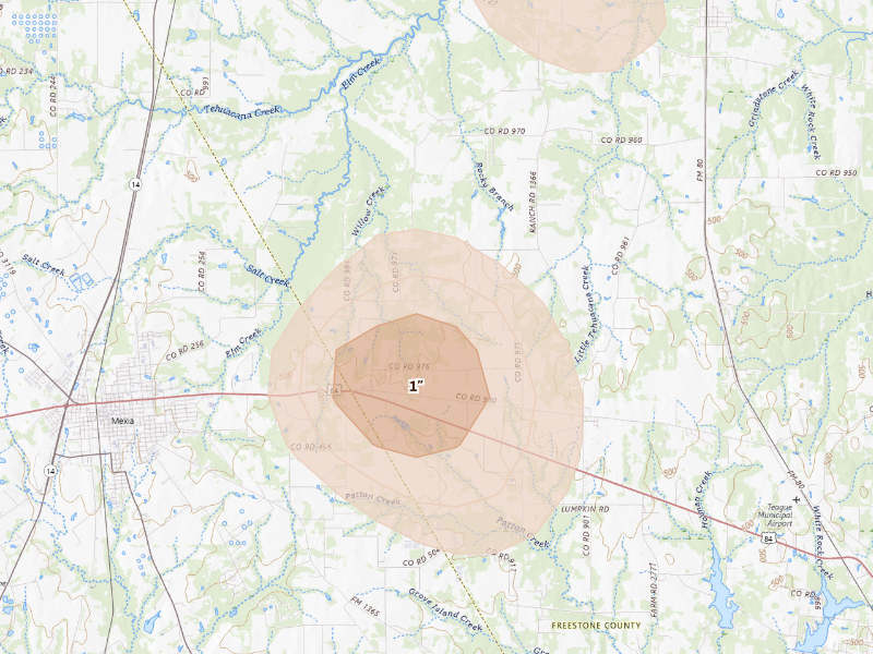 Radar-estimated hail-size map of the storm over Mexia, TX