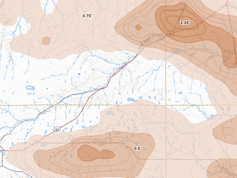 Radar-estimated hail-size map of the storm over Miami, TX on Jun 25, 2026