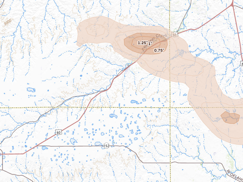 Radar-estimated hail-size map of the storm over Miami, TX on Jun 26, 2026