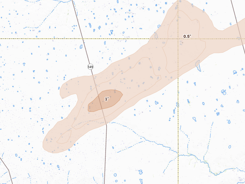 Radar-estimated hail-size map of the storm over Midkiff, TX on Mar 6, 2026