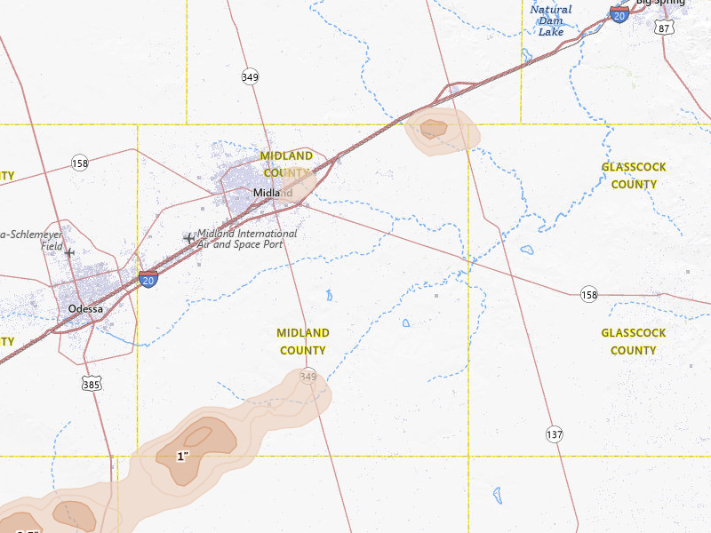 Radar-estimated hail-size map of the storm over Midland, TX on Jun 22, 2026