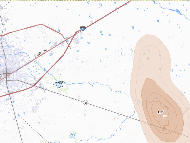 Radar-estimated hail-size map of the storm over Midland, TX on Jul 5, 2026