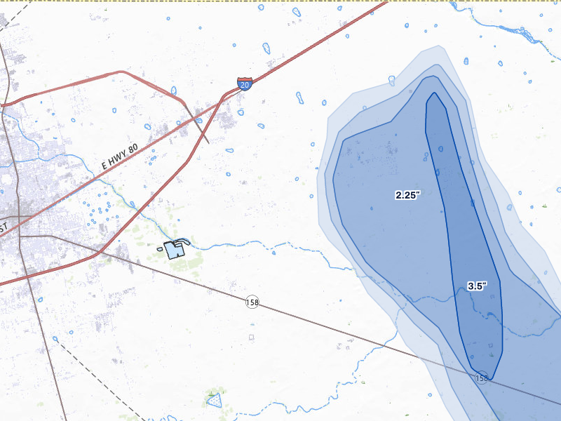 NEXRAD radar-signature map of the hail storm over Midland, TX on Jul 5, 2026