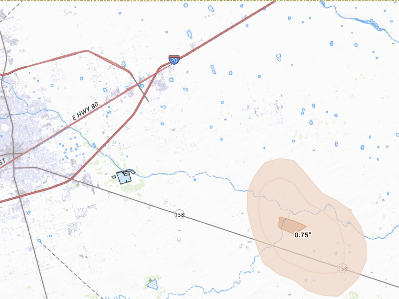 Radar-estimated hail-size map of the storm over Midland, TX on Jul 18, 2026