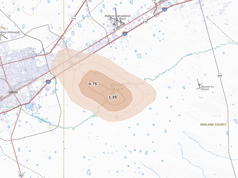 Radar-estimated hail-size map of the storm over Midland, TX on Sep 21, 2026
