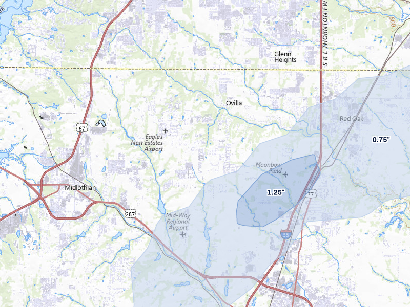NEXRAD radar-signature map of the hail over Midlothian, TX