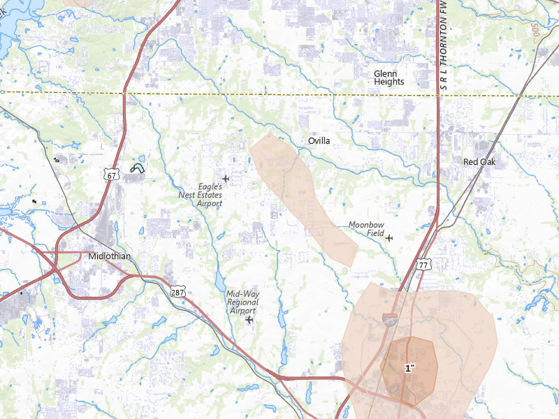 Radar-estimated hail-size map of the storm over Midlothian, TX on May 25, 2026