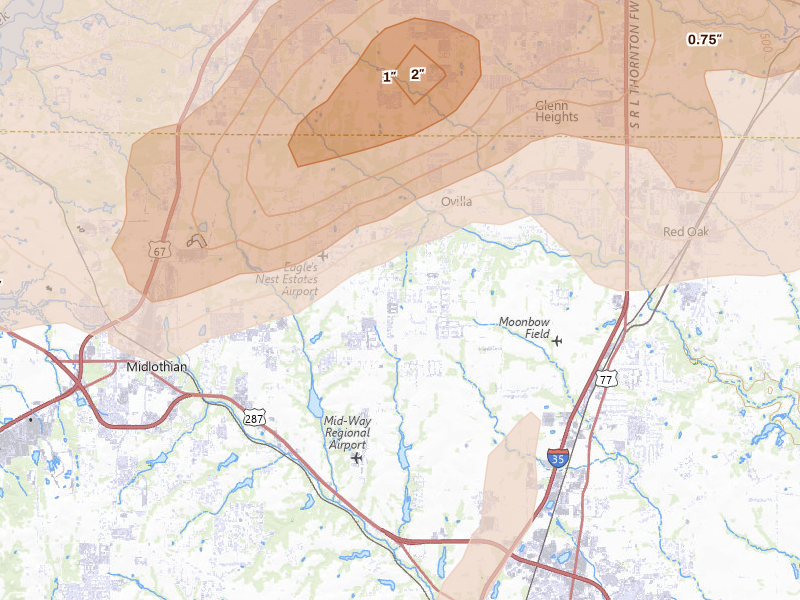 Radar-estimated hail-size map of the storm over Midlothian, TX on Jun 6, 2026