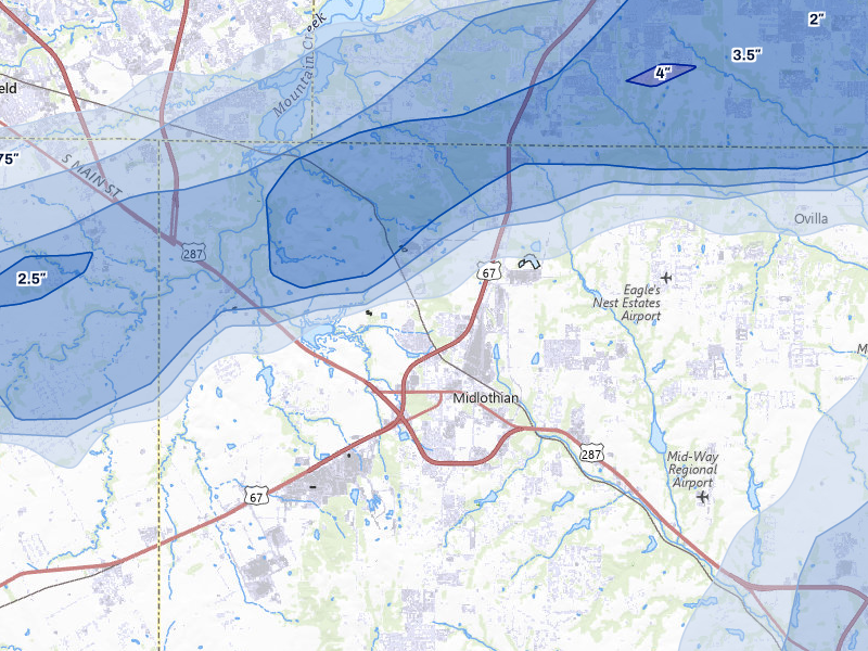 NEXRAD radar-signature map of the hail storm over Midlothian, TX on Jun 6, 2026