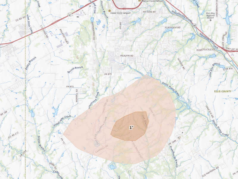 Radar-estimated hail-size map of the storm over Midlothian, TX