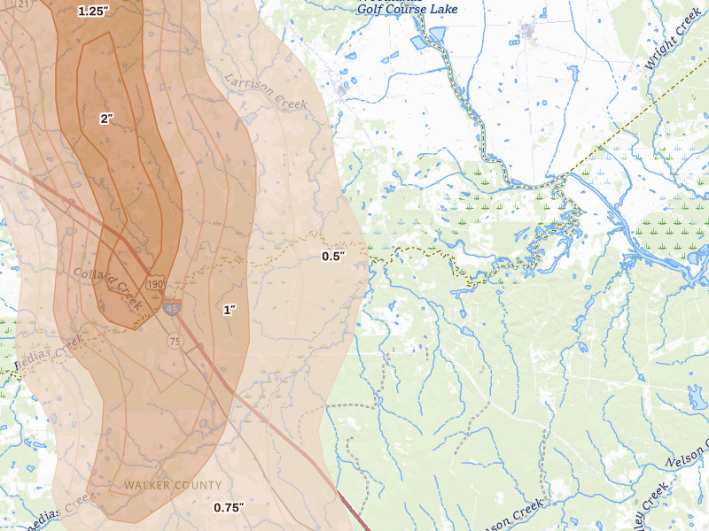 Radar-estimated hail-size map of the storm over Midway, TX on May 10, 2026