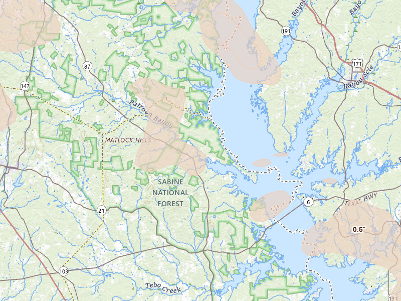 Radar-estimated hail-size map of the storm over Milam, TX on Apr 24, 2026