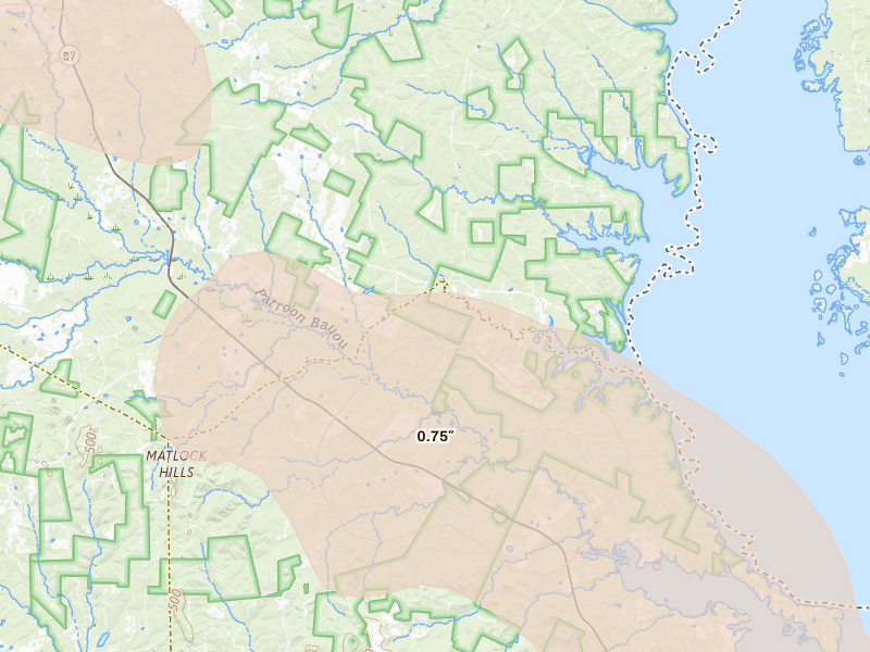 Radar-estimated hail-size map of the storm over Milam, TX on Apr 29, 2026