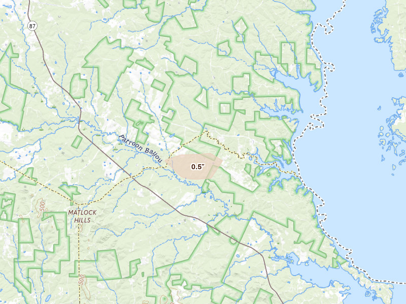 Radar-estimated hail-size map of the storm over Milam, TX on May 10, 2026