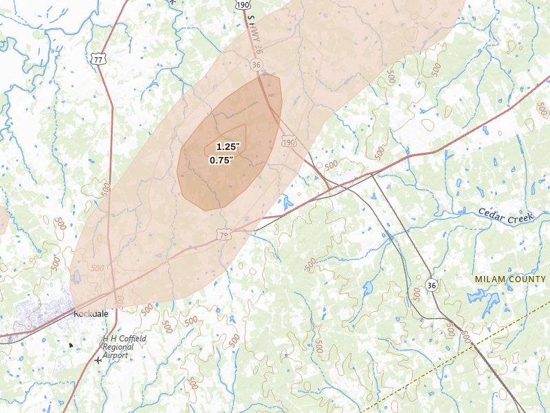 Radar-estimated hail-size map of the storm over Milano, TX on May 22, 2026