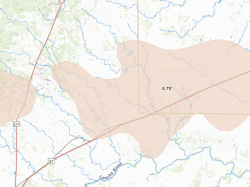 Radar-estimated hail-size map of the storm over Miles, TX on Apr 18, 2026