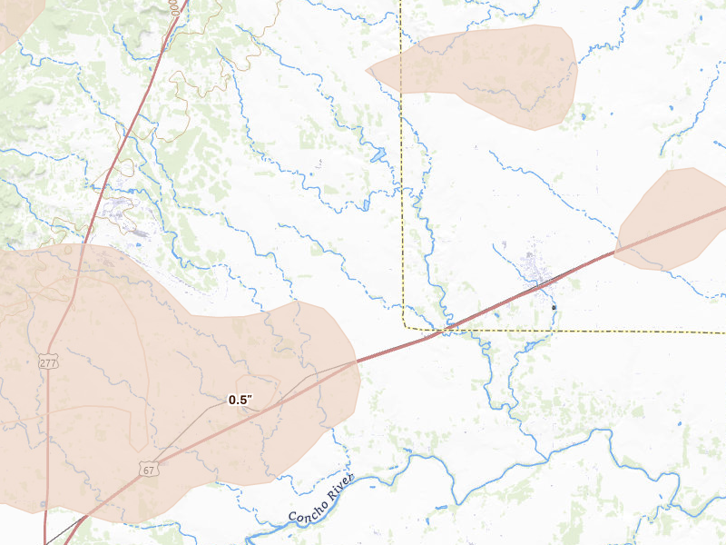 Radar-estimated hail-size map of the storm over Miles, TX on May 10, 2026