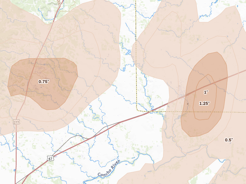 Radar-estimated hail-size map of the storm over Miles, TX on May 19, 2026