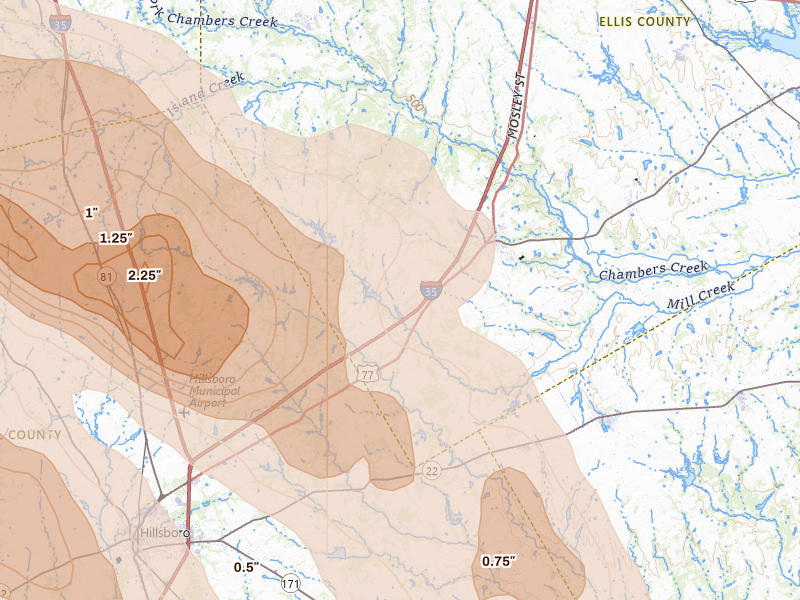 Radar-estimated hail-size map of the storm over Milford, TX on Apr 28, 2026