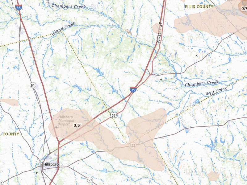 Radar-estimated hail-size map of the storm over Milford, TX on Apr 29, 2026
