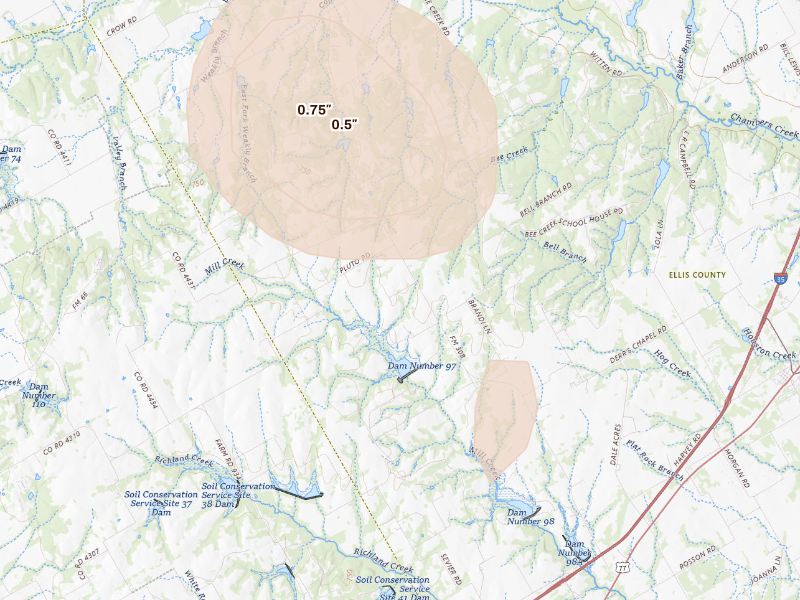 Radar-estimated hail-size map of the storm over Milford, TX
