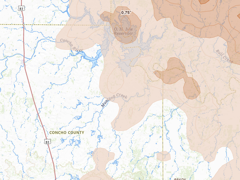Radar-estimated hail-size map of the storm over Millersview, TX on May 10, 2026