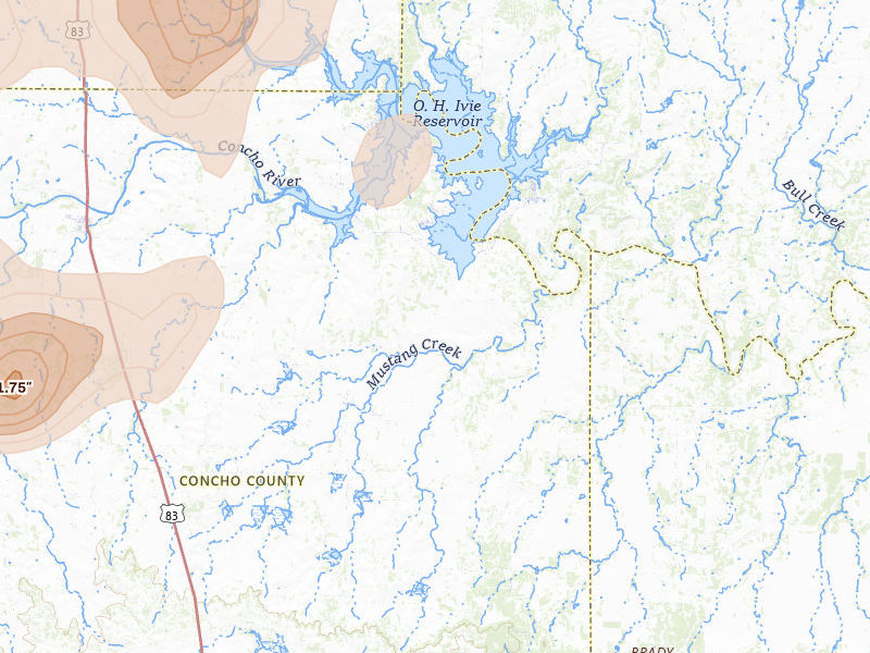 Radar-estimated hail-size map of the storm over Millersview, TX on May 19, 2026