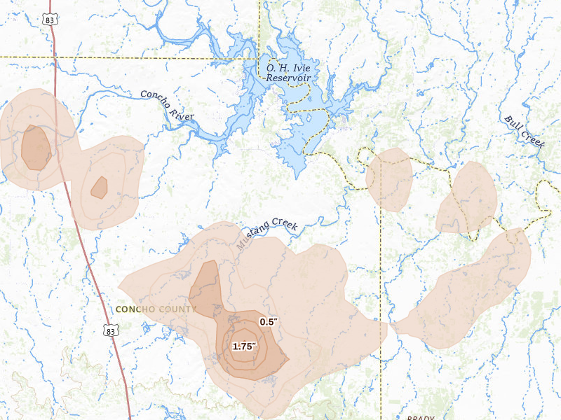 Radar-estimated hail-size map of the storm over Millersview, TX on May 22, 2026