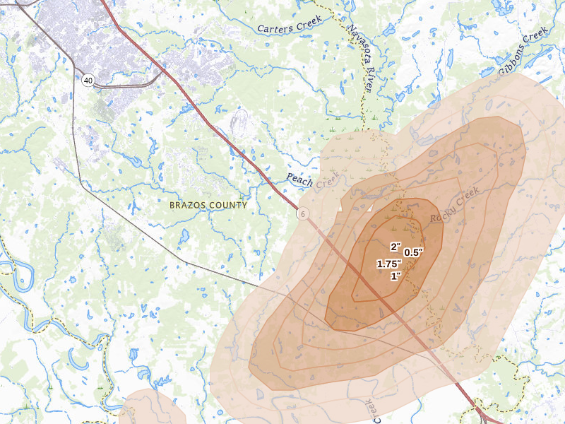 Radar-estimated hail-size map of the storm over Millican, TX on Apr 22, 2026