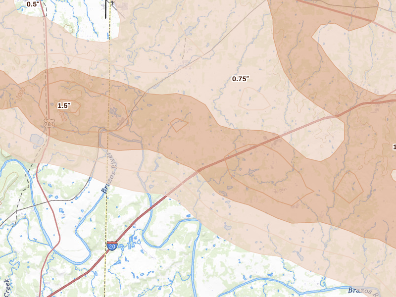 Radar-estimated hail-size map of the storm over Millsap, TX on Apr 28, 2026