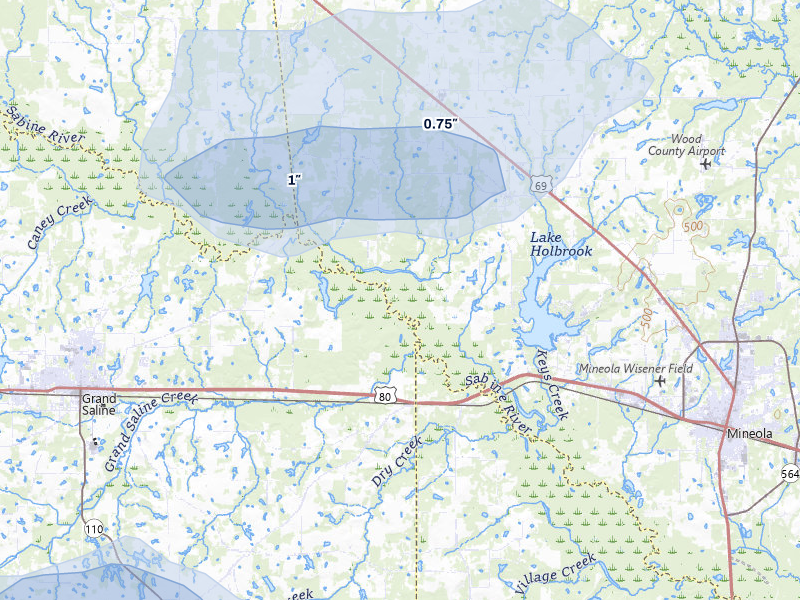NEXRAD radar-signature map of the hail over Mineola, TX