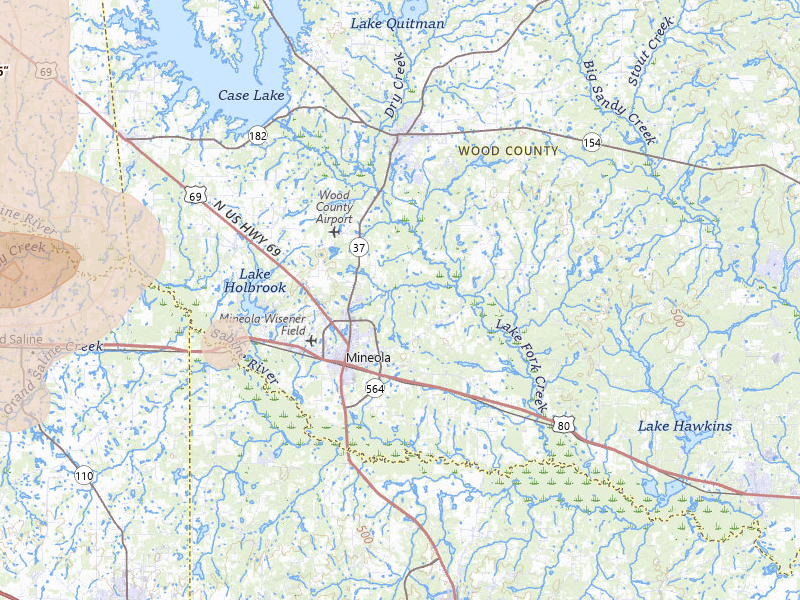 Radar-estimated hail-size map of the storm over Mineola, TX on Apr 24, 2026