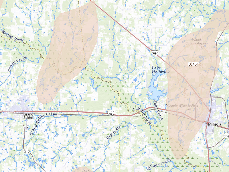 Radar-estimated hail-size map of the storm over Mineola, TX on May 22, 2026