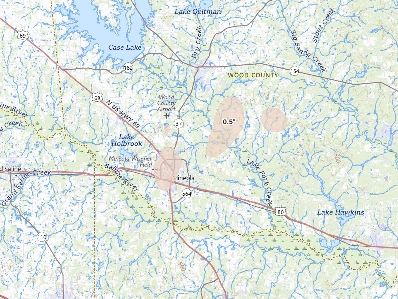 Radar-estimated hail-size map of the storm over Mineola, TX