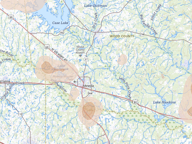 Radar-estimated hail-size map of the storm over Mineola, TX on Jul 6, 2026