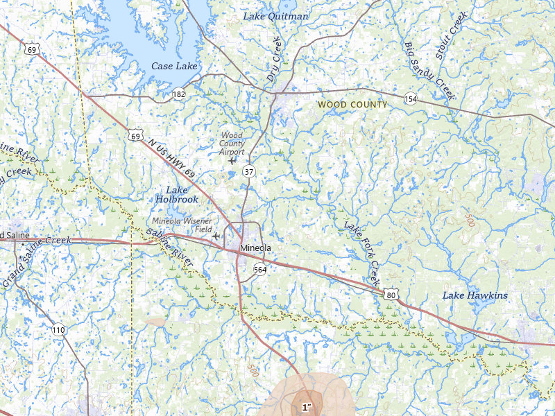 Radar-estimated hail-size map of the storm over Mineola, TX on Jul 7, 2026