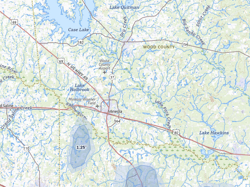 NEXRAD radar-signature map of the hail storm over Mineola, TX on Jul 7, 2026
