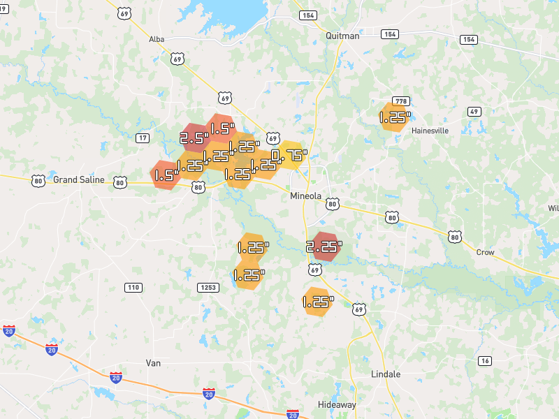 Hail map of Mineola, TX on Jul 7, 2026, hail up to 2.5"