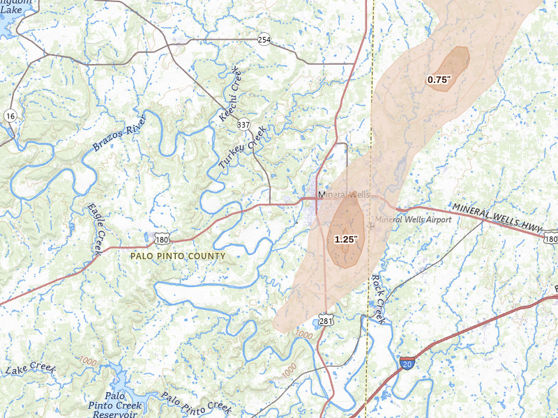 Radar-estimated hail-size map of the storm over Mineral Wells, TX on Mar 4, 2026