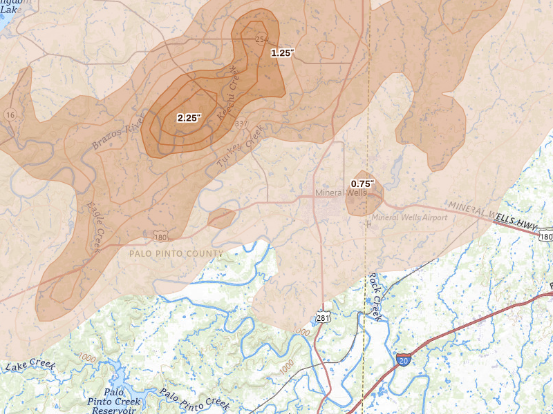 Radar-estimated hail-size map of the storm over Mineral Wells, TX on Mar 10, 2026