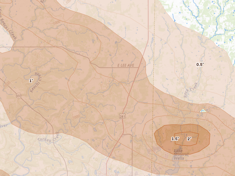 Radar-estimated hail-size map of the storm over Mineral Wells, TX on Apr 28, 2026