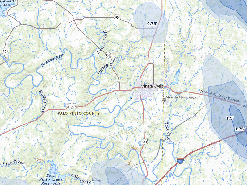 NEXRAD radar-signature map of the hail storm over Mineral Wells, TX on May 28, 2026