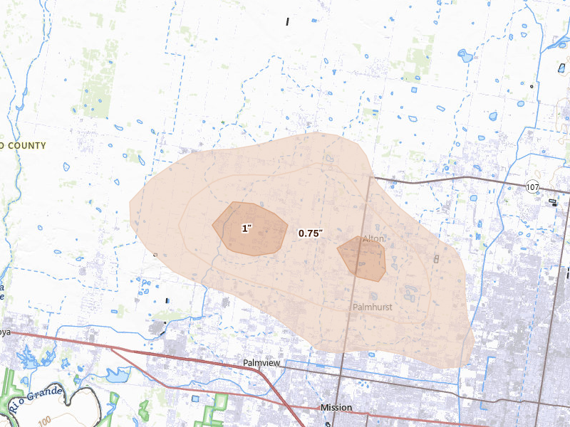 Radar-estimated hail-size map of the storm over Mission, TX on Aug 2, 2026