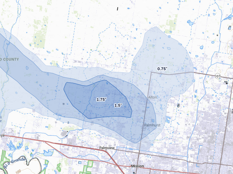 NEXRAD radar-signature map of the hail over Mission, TX