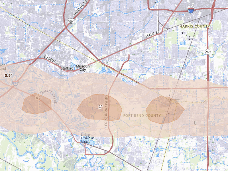 Radar-estimated hail-size map of the storm over Missouri City, TX on Apr 30, 2026