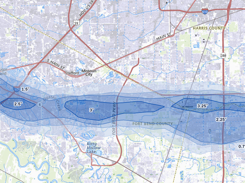 NEXRAD radar-signature map of the hail over Missouri City, TX
